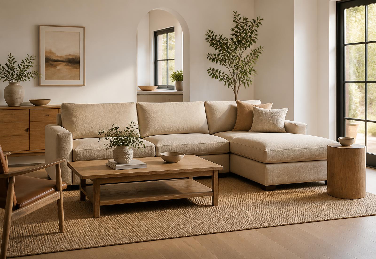 Warm neutral living room furnished with a beige sofa and wooden table